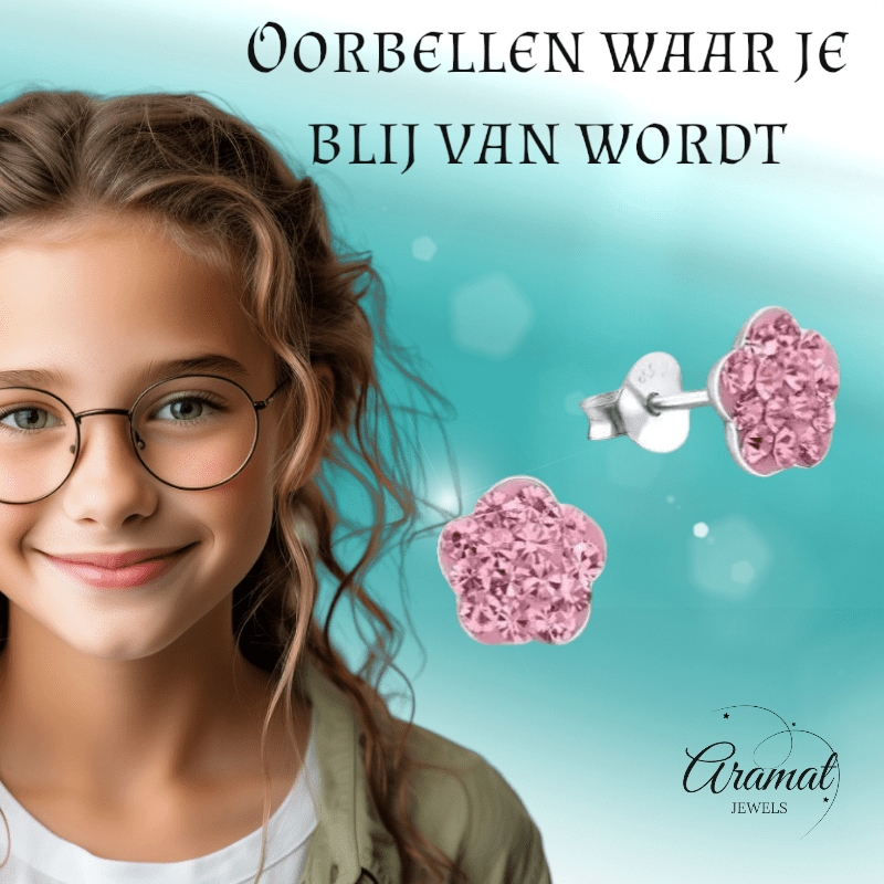 Elegante Zilveren Bloem Oorbellen - oor334 - 5001 - Oorbellen kopen# - Roze - 8mm - 925 Zilver
