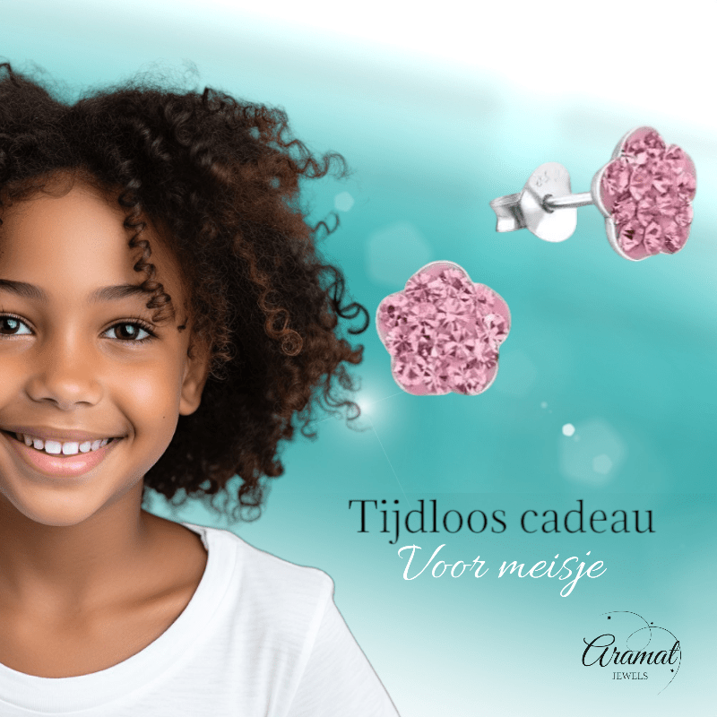 Elegante Zilveren Bloem Oorbellen - oor334 - 5001 - Oorbellen kopen# - Roze - 8mm - 925 Zilver