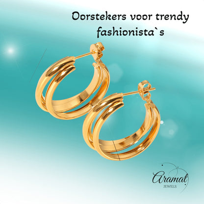 Goudkleurige 3 - Lijns Halve Oorringen 24x9,5mm Twist RVS - Aramat Jewels - RVS Sieraden - Oorbellen - cadeautip