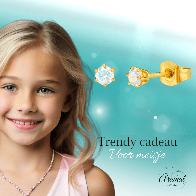 Goudkleurige AB zirkonia oorbellen – 3 mm - oor4381 - Oorbellen kopen# - 3mm - AB - AB Transparant