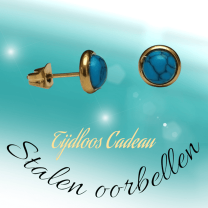 Goudkleurige Boho Oorbellen Blauw Marmer 8mm - oor3235 - Oorbellen kopen# - 8mm - alles - blauw