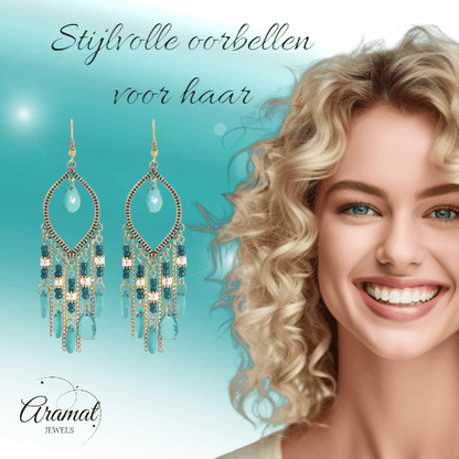 Goudkleurige Boho Oorhangers - Druppelvormig - Mint Groen - oor6113 - Oorhangers kopen# - alles - boho - dames
