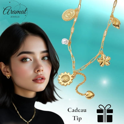 Goudkleurige damesketting met parel en bedels – 45+5 cm - ket1176 - 769522 - Halskettingen kopen# - 45cm - alles - Bedelketting