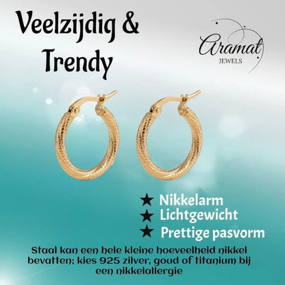 Goudkleurige Gedraaide RVS Hoepeloorbellen - Gediamanteerd - 20 mm - Aramat Jewels - Oorringen - cadeautip
