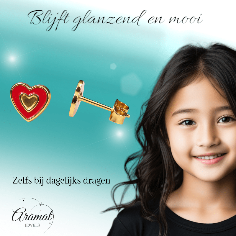 Goudkleurige hartjes oorbellen met rood emaille - oor6077 - Oorbellen kopen# - 6mm - alles - cadeau