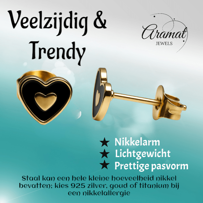 Goudkleurige hartjes oorbellen met zwart emaille - oor6075 - Oorbellen kopen# - 6mm - alles - cadeau