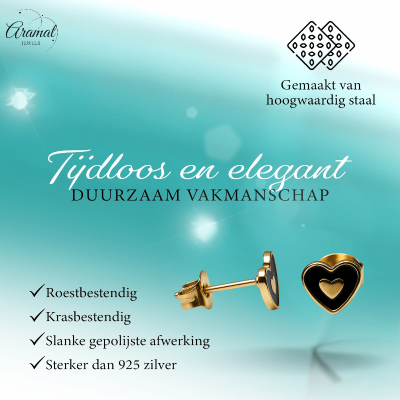 Goudkleurige hartjes oorbellen met zwart emaille - oor6075 - Oorbellen kopen# - 6mm - alles - cadeau