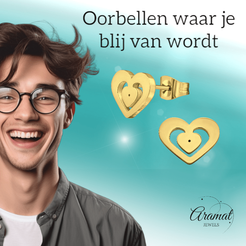 Goudkleurige hartjes oorstekers – 11x9mm RVS - Aramat Jewels - Oorbellen - cadeautip