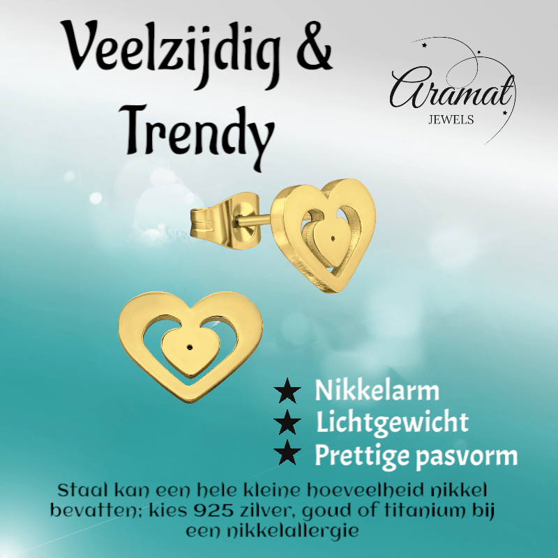 Goudkleurige hartjes oorstekers – 11x9mm RVS - Aramat Jewels - Oorbellen - cadeautip