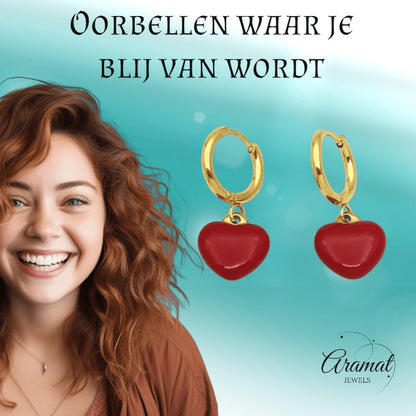 Goudkleurige Huggie Oorringen met Rood Hartje - oor6397 - 807432 - Oorringen kopen# - 14mm - alles - cadeau