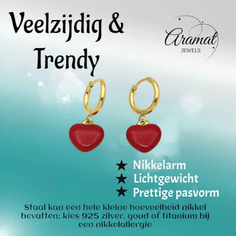 Goudkleurige Huggie Oorringen met Rood Hartje - oor6397 - 807432 - Oorringen kopen# - 14mm - alles - cadeau