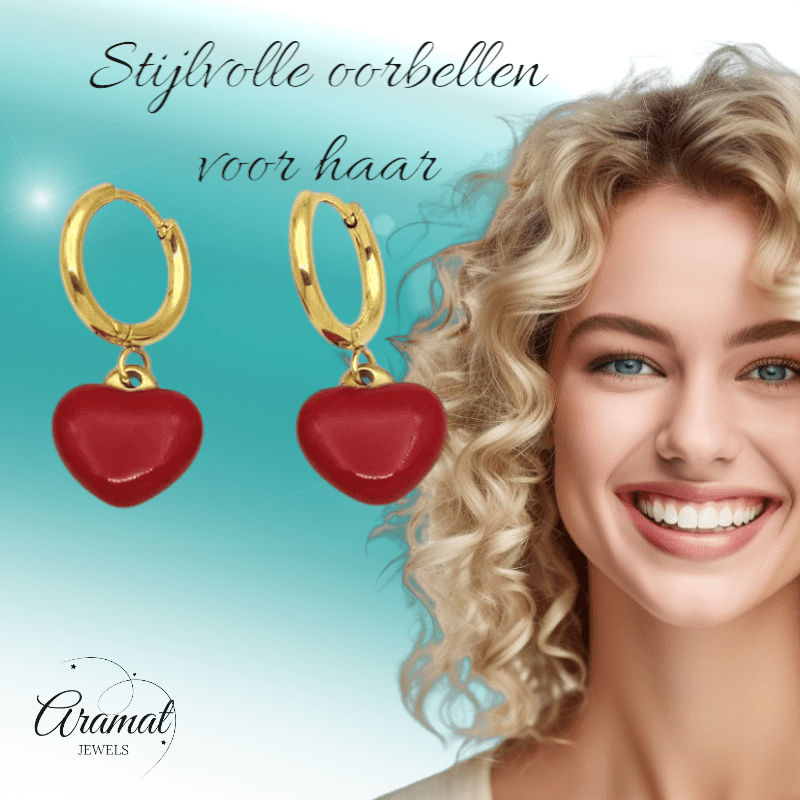 Goudkleurige Huggie Oorringen met Rood Hartje - oor6397 - 807432 - Oorringen kopen# - 14mm - alles - cadeau