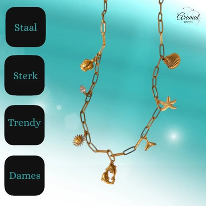 Goudkleurige ketting met parel & dolfijn bedels - 40cm - ket1163 - 599159 - Halskettingen kopen# - 40cm - alles - Bedelketting