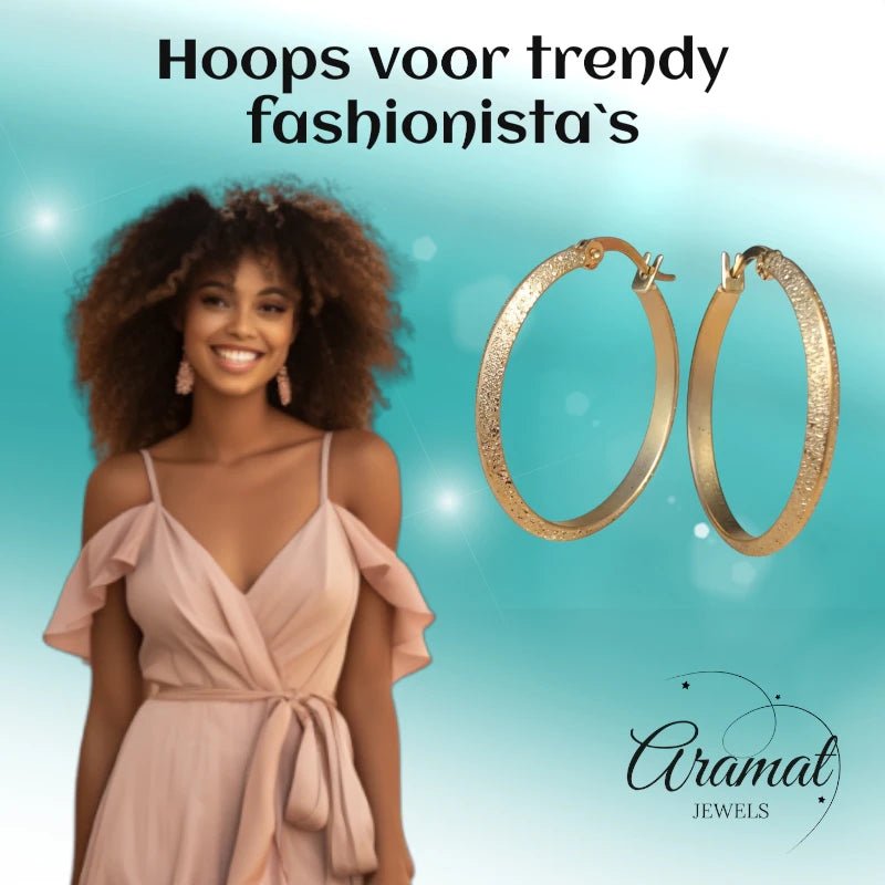 Goudkleurige Matte RVS Oorringen Sandblasted - 32 mm - Aramat Jewels - Oorringen - cadeautip