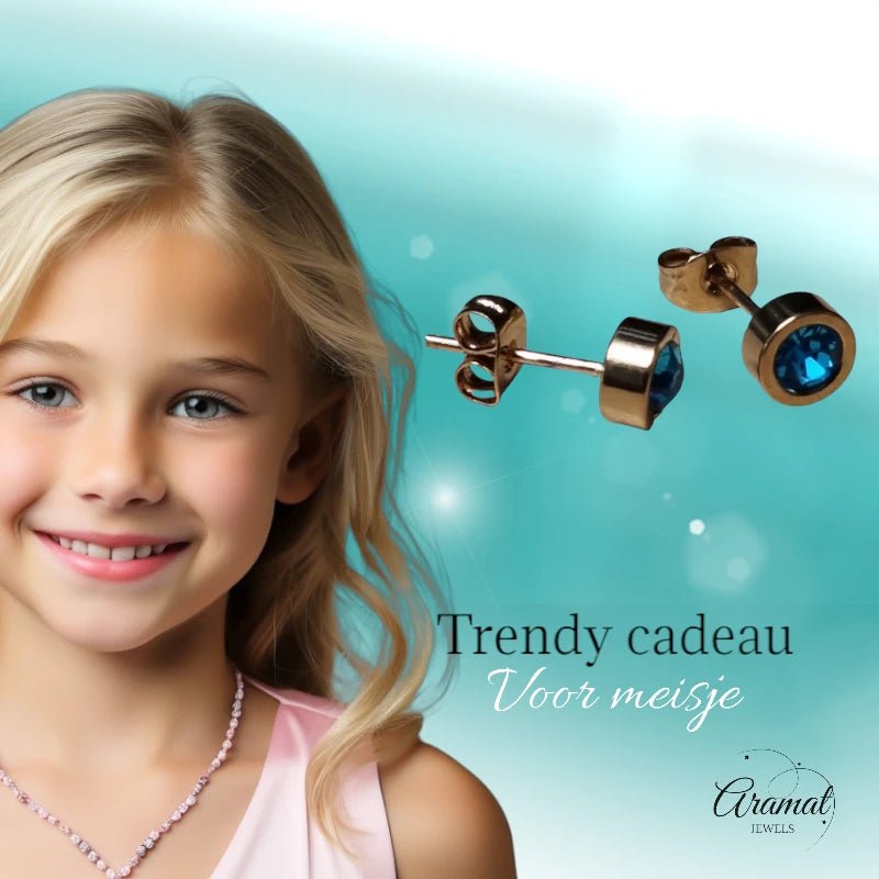 Goudkleurige oorbellen met aqua blauw zirkonia 6mm - oor4482 - Oorbellen kopen# - 6mm - alles - Aqua Blauw