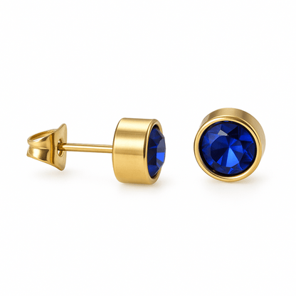 Goudkleurige oorbellen met donkerblauwe zirkonia – 7 mm - oor2067 - XE58221 - Oorbellen kopen# - 7mm - alles - blauw