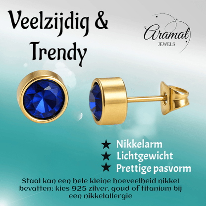 Goudkleurige oorbellen met donkerblauwe zirkonia – 7 mm - oor2067 - XE58221 - Oorbellen kopen# - 7mm - alles - blauw