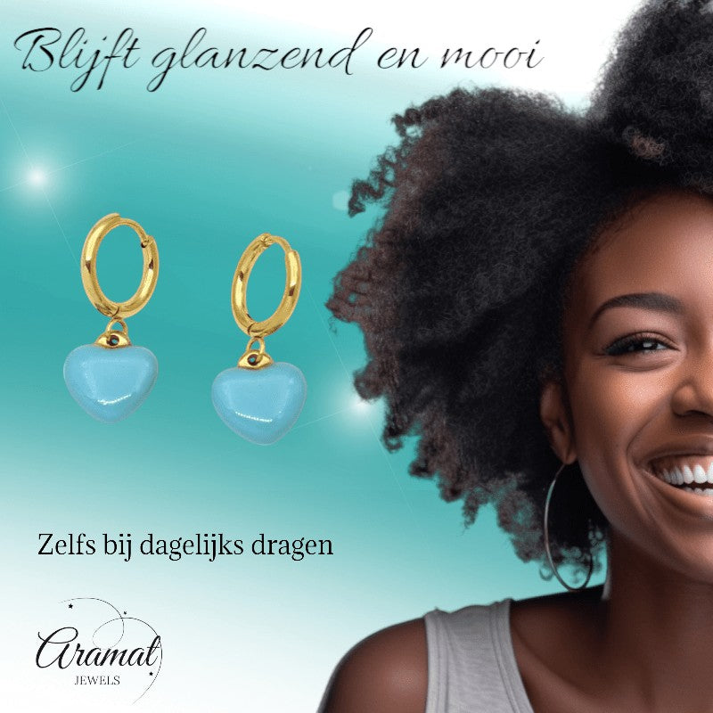 Goudkleurige Oorringen met Blauw Hartje - oor6398 - 807431 - Oorringen kopen# - 14mm - alles - blauw