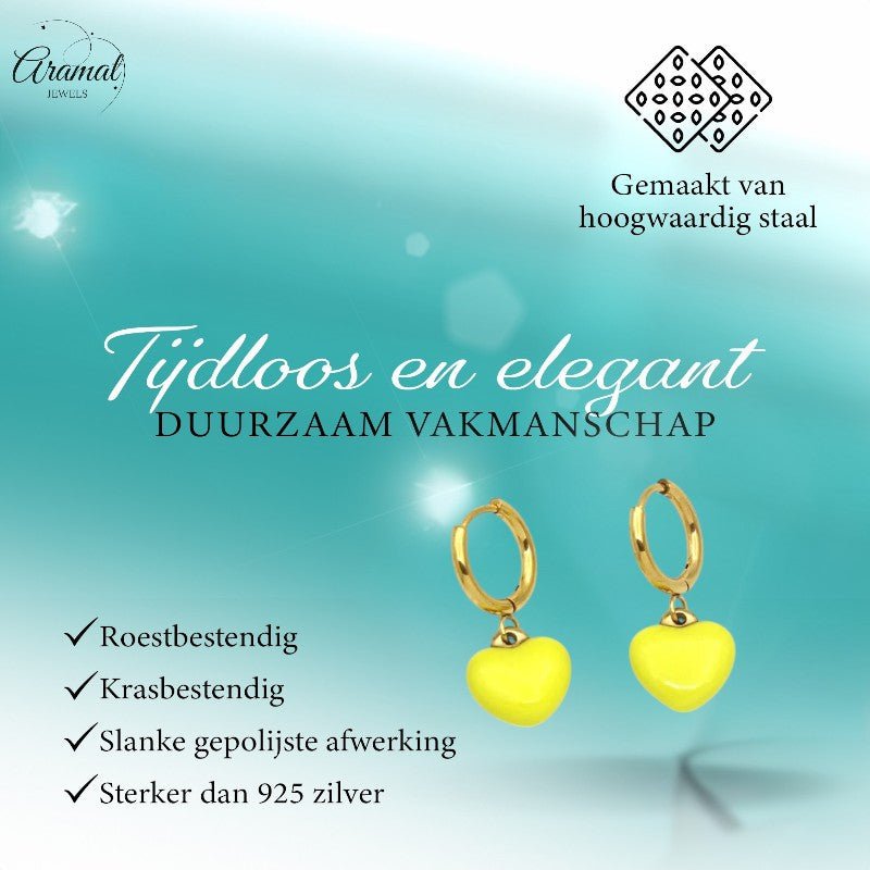 Goudkleurige Oorringen met Geel Hartje - oor6396 - 807433 - Oorringen kopen# - 14mm - alles - cadeau