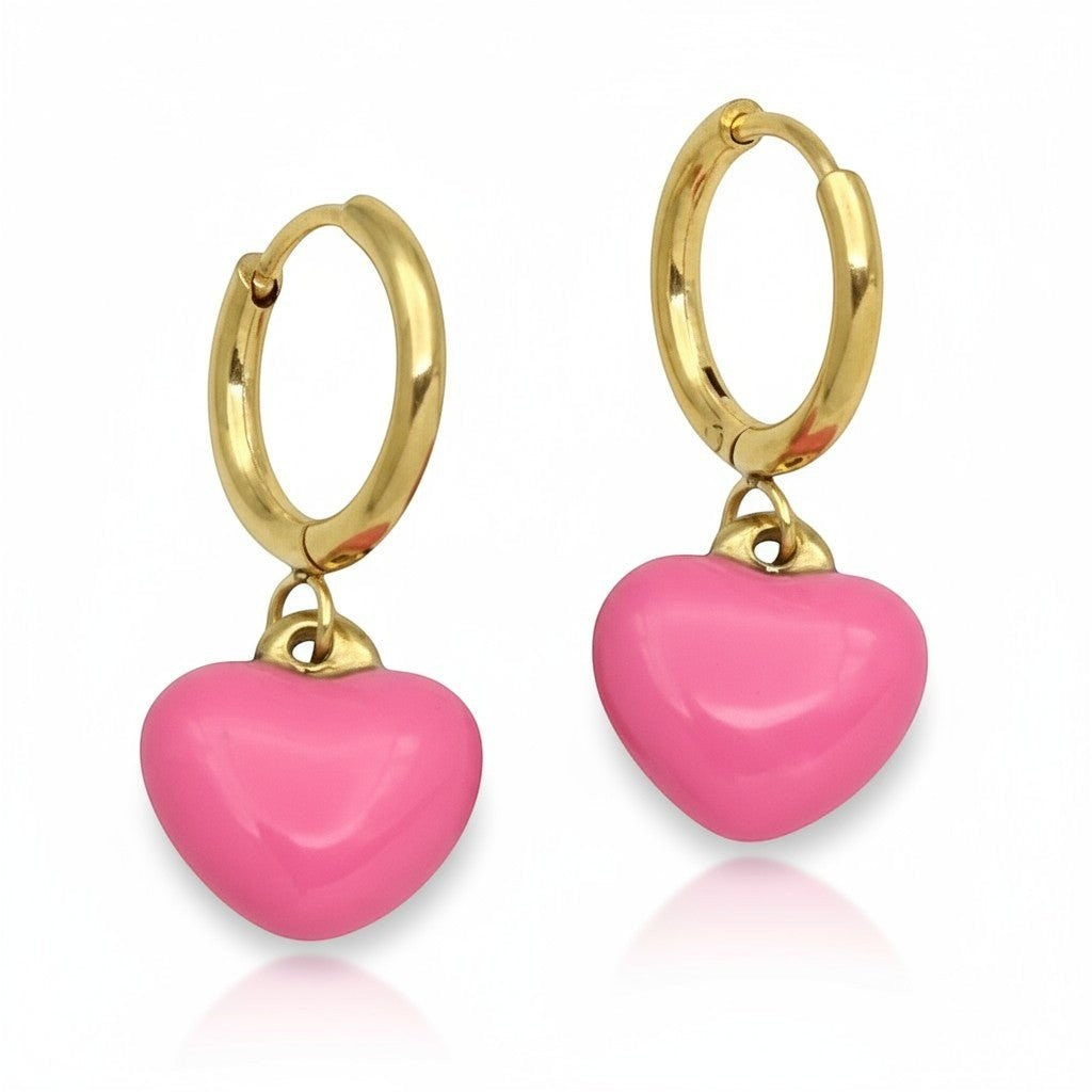 Goudkleurige Oorringen met Roze Hartje - Aramat Jewels - Oorringen - cadeautip