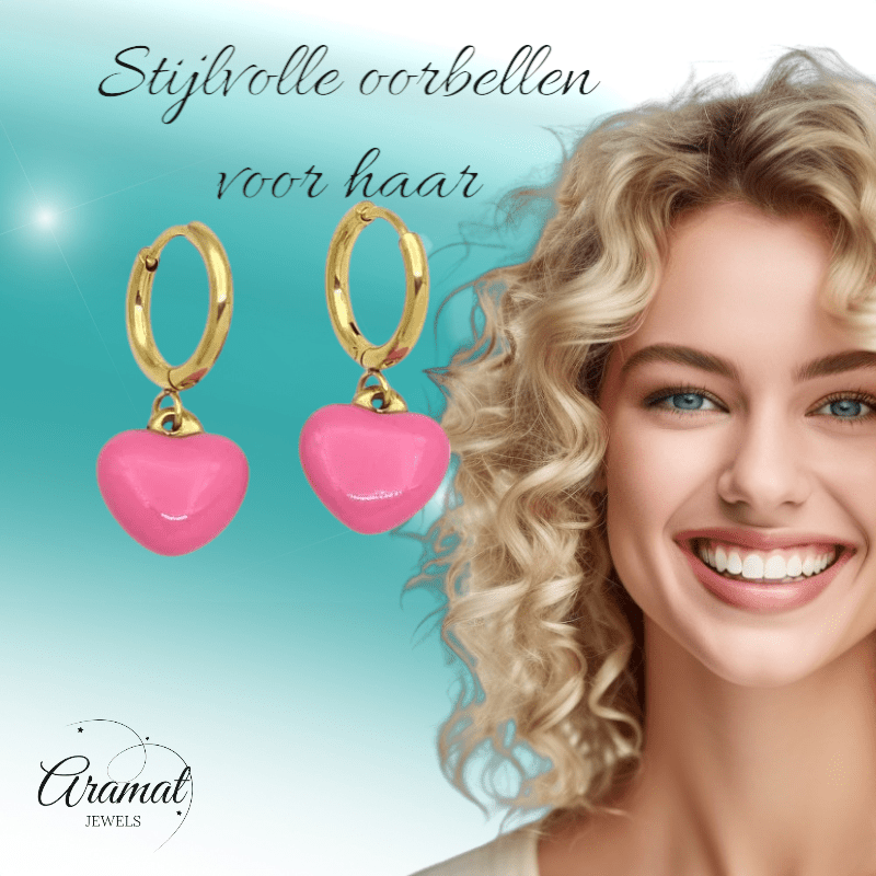 Goudkleurige Oorringen met Roze Hartje - oor6399 - 807430 - Oorringen kopen# - 14mm - alles - cadeau
