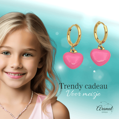 Goudkleurige Oorringen met Roze Hartje - oor6399 - 807430 - Oorringen kopen# - 14mm - alles - cadeau