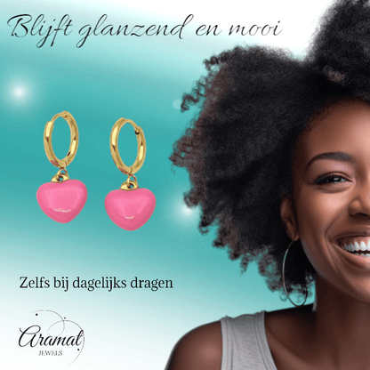 Goudkleurige Oorringen met Roze Hartje - oor6399 - 807430 - Oorringen kopen# - 14mm - alles - cadeau