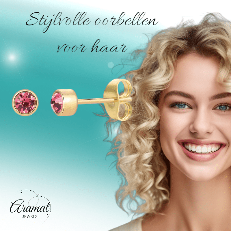 Goudkleurige Oorstekers 4mm - Roze Kristal - oor4606 - Oorbellen kopen# - 4mm - alles - cadeau