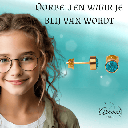 Goudkleurige Oorstekers 5mm - Aqua Blauw Kristal - oor2768 - XE71668 - Oorbellen kopen# - 5mm - alles - Aqua Blauw