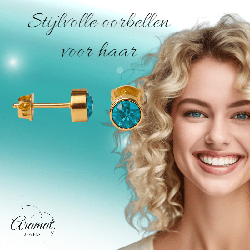 Goudkleurige Oorstekers 5mm - Aqua Blauw Kristal - oor2768 - XE71668 - Oorbellen kopen# - 5mm - alles - Aqua Blauw