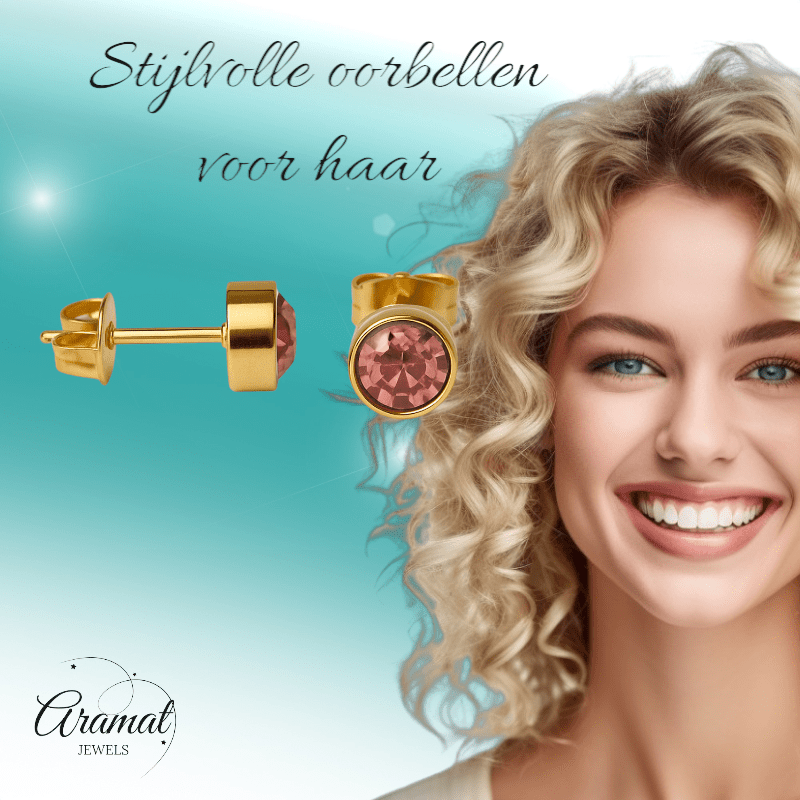 Goudkleurige Oorstekers 6mm - Lichtroze Kristal - oor2765 - XE71666 - Oorbellen kopen# - 6mm - alles - cadeau