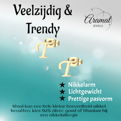 Goudkleurige RVS Letter T Oorbellen – Initiaal - Aramat Jewels - Oorbellen - cadeautip