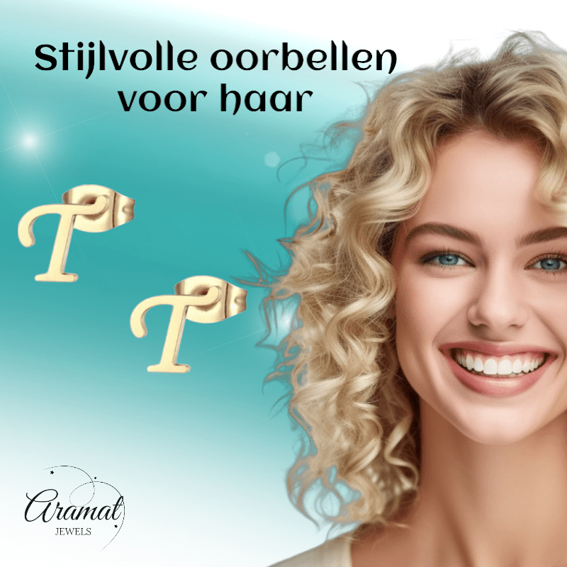 Goudkleurige RVS Letter T Oorbellen – Initiaal - Aramat Jewels - Oorbellen - cadeautip