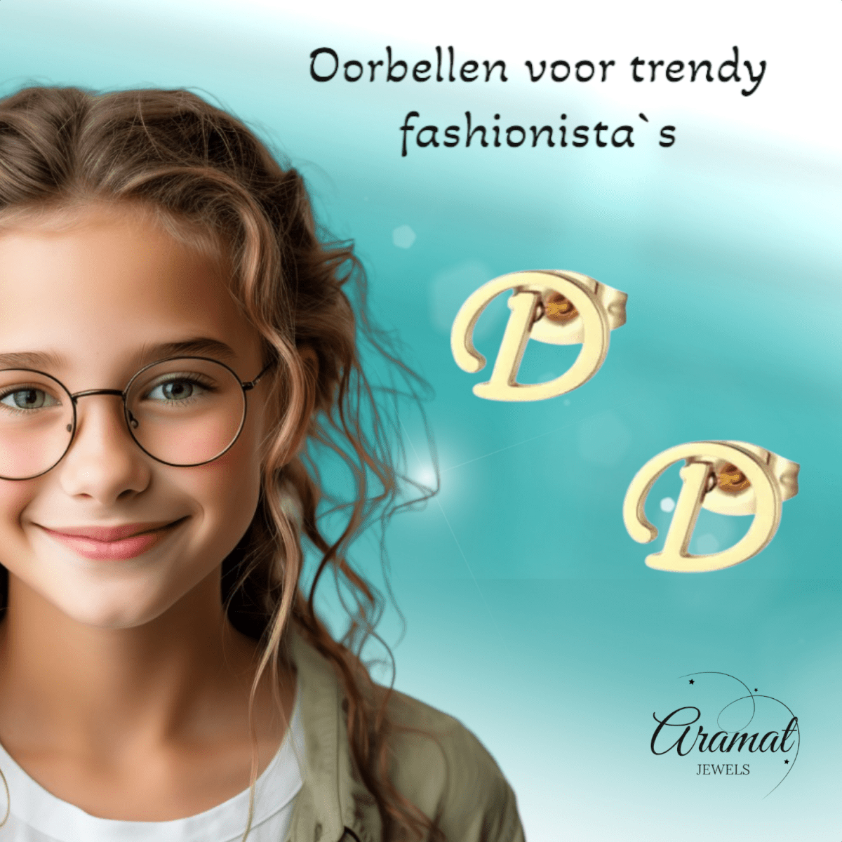Goudkleurige RVS oorstekers Letter D - Aramat Jewels - Oorbellen - cadeautip