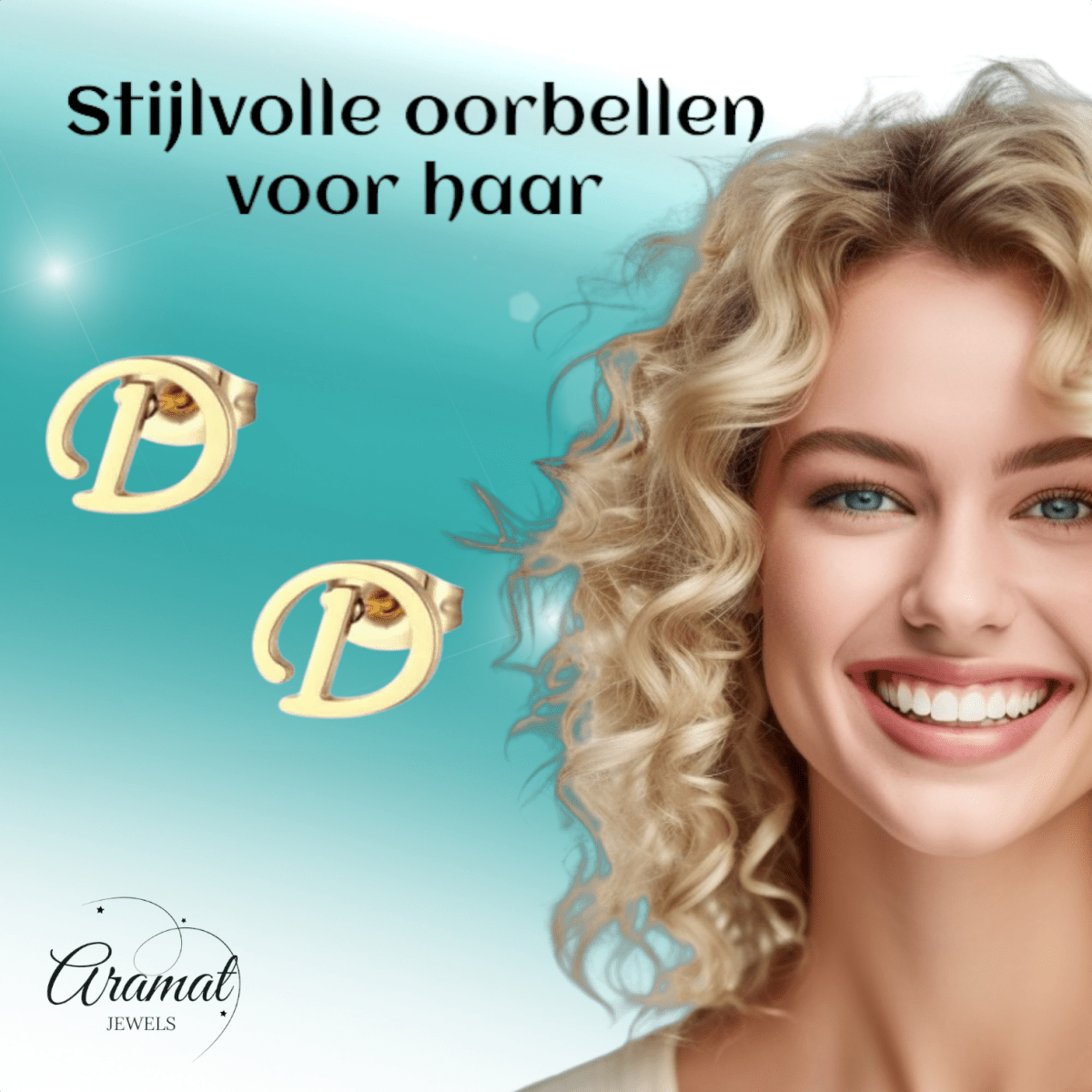 Goudkleurige RVS oorstekers Letter D - Aramat Jewels - Oorbellen - cadeautip