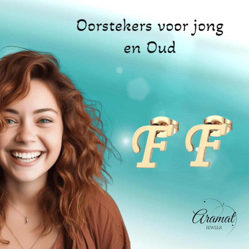 Goudkleurige RVS oorstekers Letter F - Aramat Jewels - Oorbellen - cadeautip