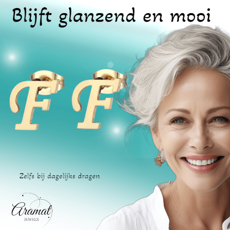 Goudkleurige RVS oorstekers Letter F - Aramat Jewels - Oorbellen - cadeautip
