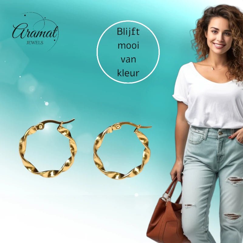Goudkleurige RVS Wokkeloorringen Gedraaid - 20 mm - Aramat Jewels - Oorringen - cadeautip