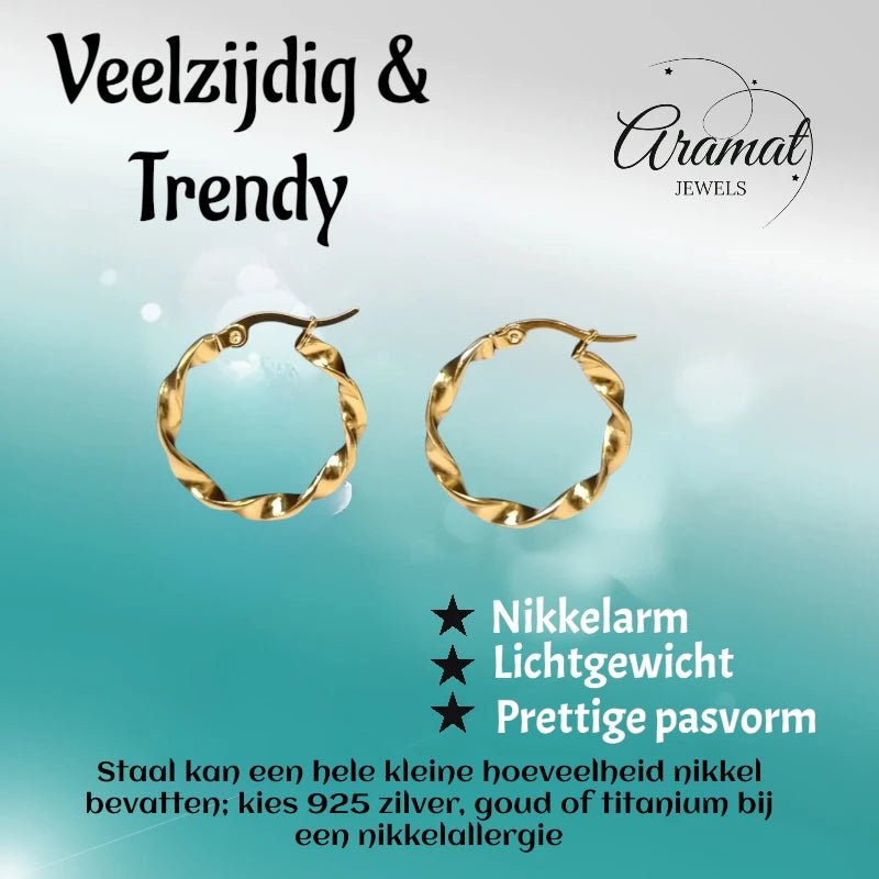 Goudkleurige RVS Wokkeloorringen Gedraaid - 20 mm - Aramat Jewels - Oorringen - cadeautip