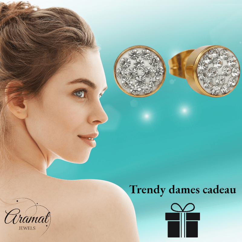 Goudkleurige Shamballa Kristallen Oorbellen - Aramat Jewels - Oorbellen - cadeautip