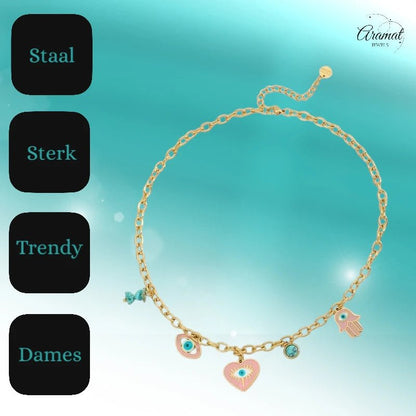 Goudkleurige stainless steel multi - charm ketting – met hamsa, boze oog & hartje – 40 + 5 cm - ket1158 - 772897 - Halskettingen kopen# - 40cm - alles - Bedelketting