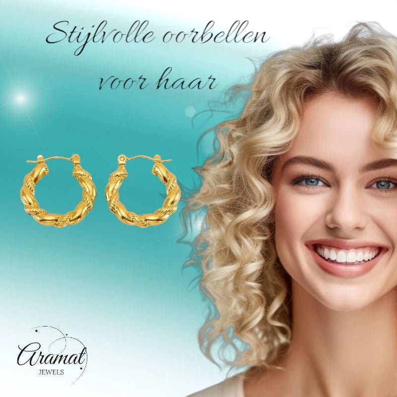 Goudkleurige Stainless Steel Oorringen 22mm - Gedraaid - Creolen - Aramat Jewels - Oorringen - cadeautip