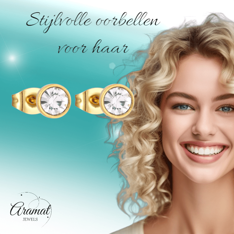 Goudkleurige Stalen Kristallen Oorbellen 6mm - oor1692 - xe58218 - Oorbellen kopen# - 6mm - alles - cadeau