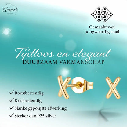 Gouden X-vormige oorbellen.