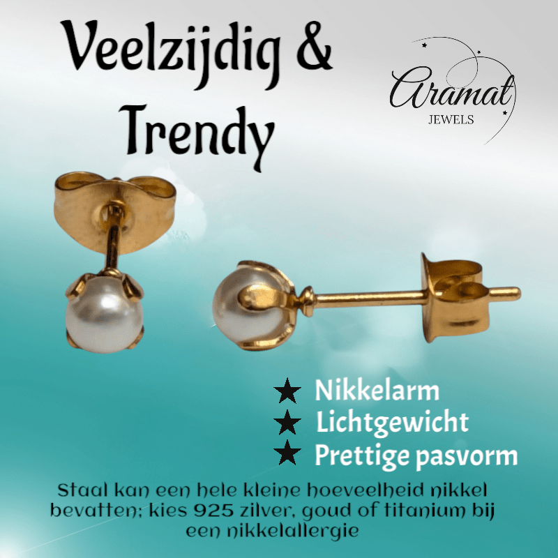 goudkleurige stalen parel oorbellen 4 mm - Aramat Jewels - Oorbellen - cadeautip