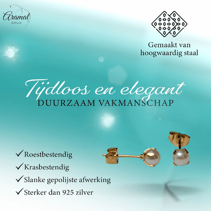 Goudkleurige Stalen Parel Oorbellen 5mm - Aramat Jewels - Oorbellen - cadeautip