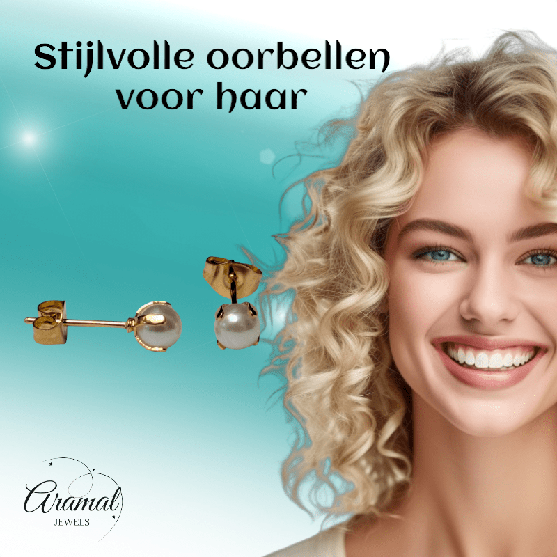 Goudkleurige Stalen Parel Oorbellen 5mm - Aramat Jewels - Oorbellen - cadeautip