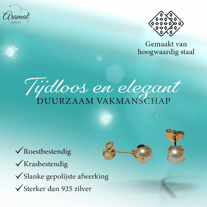 Goudkleurige Stalen Parel Oorbellen 6mm - Aramat Jewels - Oorbellen - cadeautip