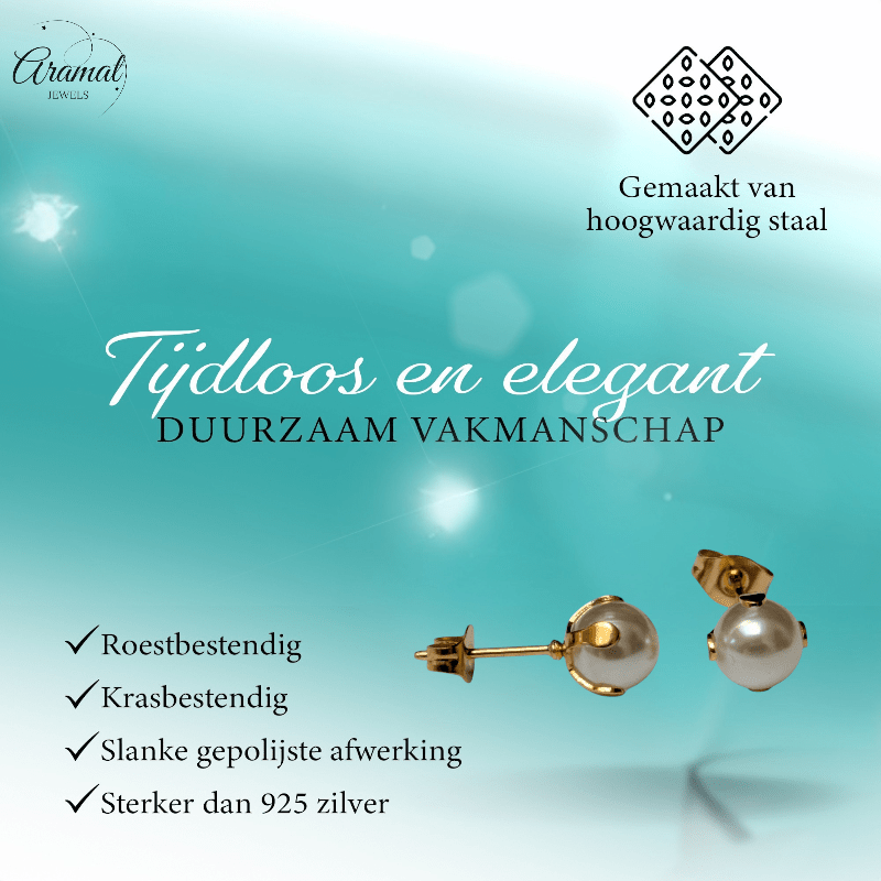 Goudkleurige Stalen Parel Oorbellen 7mm - Aramat Jewels - Oorbellen - cadeautip
