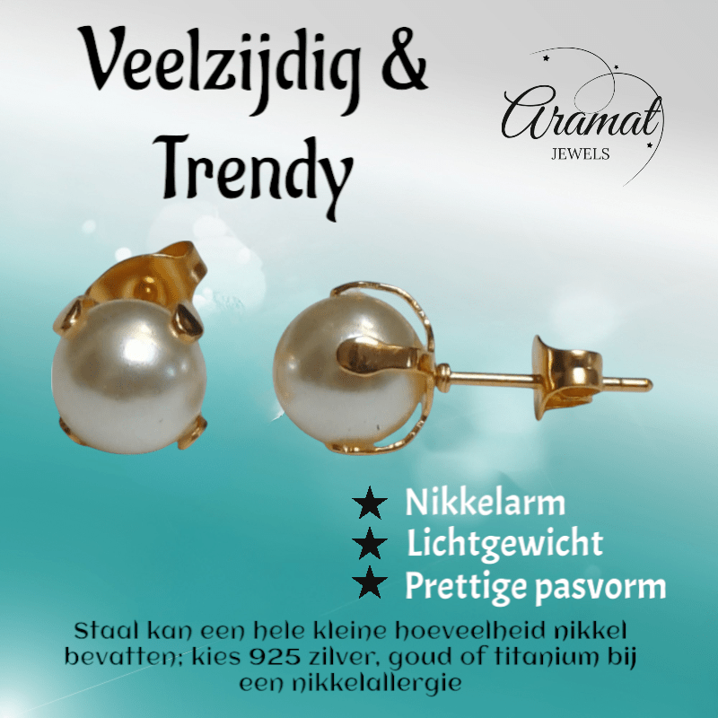 Goudkleurige Stalen Parel Oorbellen 8mm - Aramat Jewels - Oorbellen - cadeautip